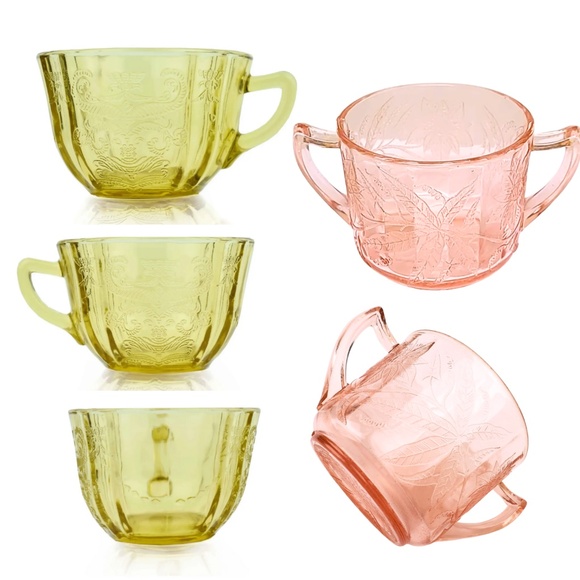 Depression Glass Vintage Tea Cups Sugar Bowl Set Madrid, Poinsettia Pink Yellow - Picture 10 of 10